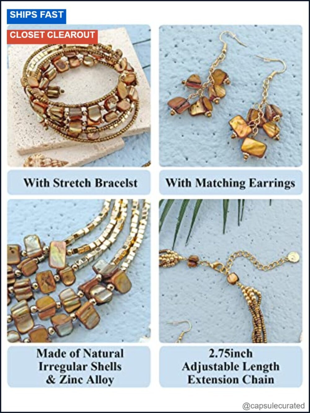 Bohemian Layered Shell Beaded Necklace Earrings Bracelet Set - Picture 3 of 6